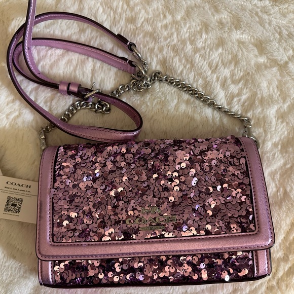 NWT Coach Sequined Bling Square Flip Clutch Pink Metallic Rare $298 - Picture 3 of 11